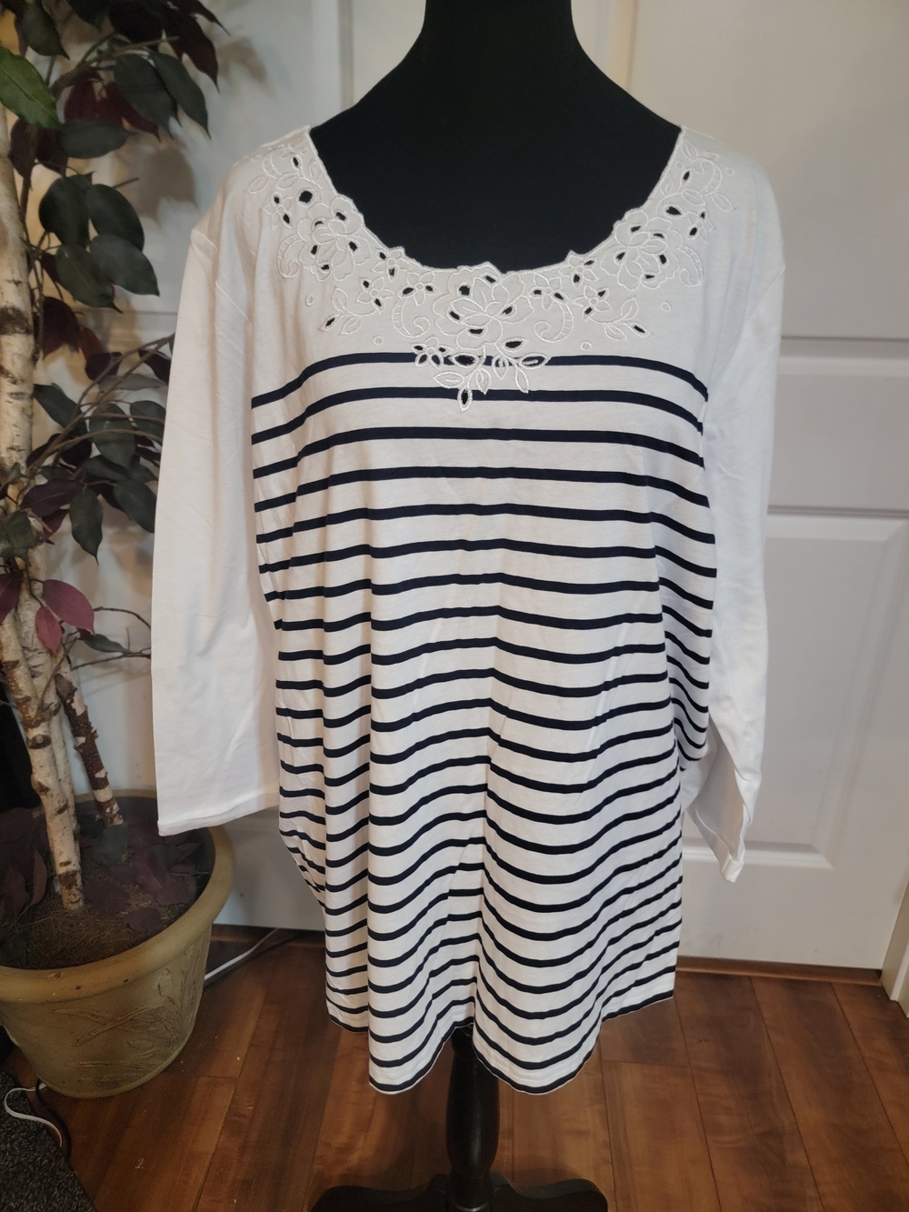 Basic Editions White and Navy Striped Long Sleeve Top with Embroidered Yoke